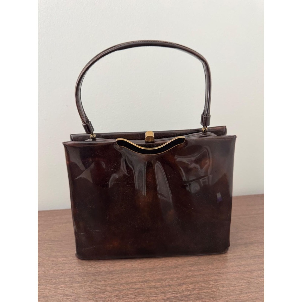 Vintage Lewis Tortoise Shell Patent Leather Handbag 1950s 60s Top Handle Bag